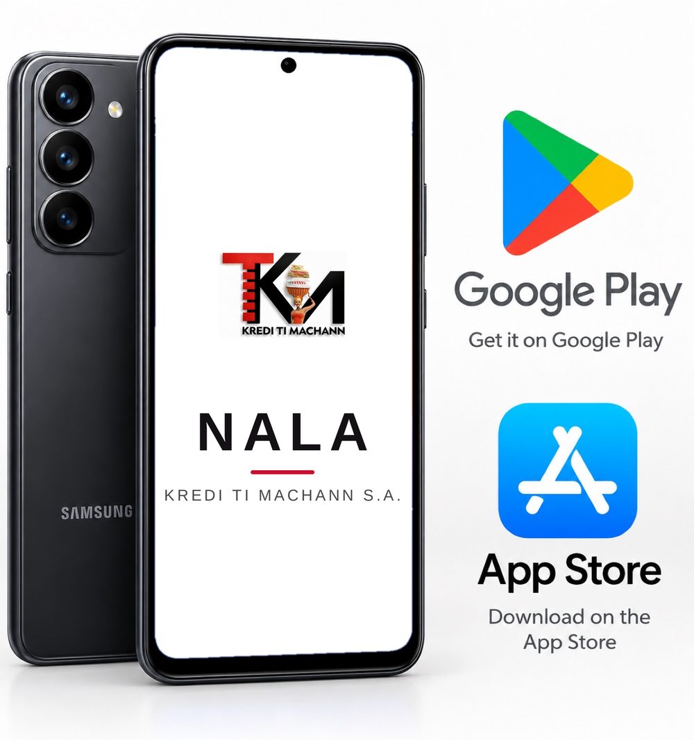 Téléphone affichant l'application NALA KREDI TI MACHANN — Google Play et App Store