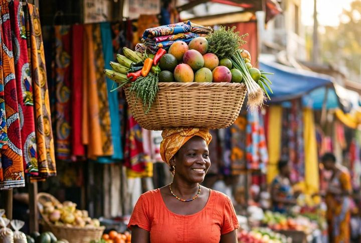 Ti machann haïtienne portant son panier de marchandises sur la tête — dans l'esprit du logo NALA