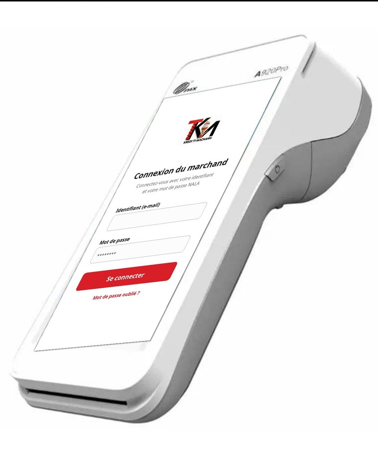 Terminal POS NALA A920 — écran de connexion du marchand
